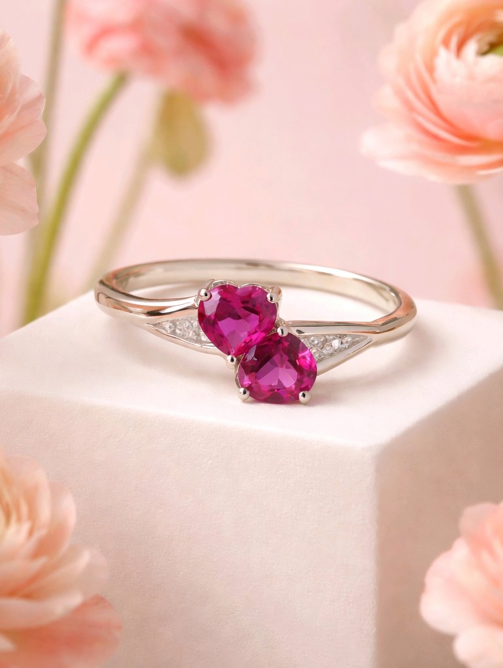 925 Sterling Silver Double Heart Dark Pink Topaz & CZ  Ring Size 7